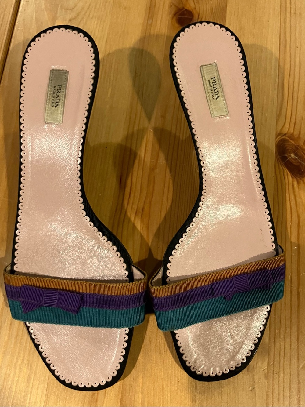 EUC Prada Vero Cuoio Leather Slide Sandals with Teal, Purple & Gold Trim Size 37 - Picture 2 of 10